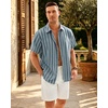 Mens Linen Shirt Striped Short Sleeve Button Down Summer Beach Shirt(Blue)