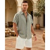 Mens Linen Shirt Striped Short Sleeve Button Down Summer Beach Shirt(Green)