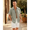 Mens Linen Shirt Striped Short Sleeve Button Down Summer Beach Shirt(Green)
