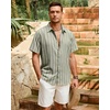 Mens Linen Shirt Striped Short Sleeve Button Down Summer Beach Shirt(Green)