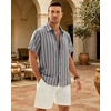 Mens Linen Shirt Striped Short Sleeve Button Down Summer Beach Shirt(Grey)