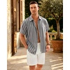 Mens Linen Shirt Striped Short Sleeve Button Down Summer Beach Shirt(Grey)
