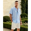 Mens Linen Shirt Striped Short Sleeve Button Down Summer Beach Shirt(Light Blue)