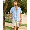 Mens Linen Shirt Striped Short Sleeve Button Down Summer Beach Shirt(Light Blue)