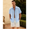 Mens Linen Shirt Striped Short Sleeve Button Down Summer Beach Shirt(Light Blue)