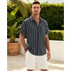 Mens Linen Shirt Striped Short Sleeve Button Down Summer Beach Shirt(Navy Blue)