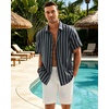 Mens Linen Shirt Striped Short Sleeve Button Down Summer Beach Shirt(Navy Blue)