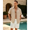Mens Linen Shirt Striped Short Sleeve Button Down Summer Beach Shirt(Tan)