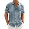 Mens Linen Shirt Striped Short Sleeve Button Down Summer Beach Shirt(Blue)