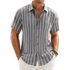 Mens Linen Shirt Striped Short Sleeve Button Down Summer Beach Shirt(Grey)