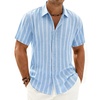 Mens Linen Shirt Striped Short Sleeve Button Down Summer Beach Shirt(Light Blue)