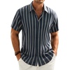 Mens Linen Shirt Striped Short Sleeve Button Down Summer Beach Shirt(Navy Blue)