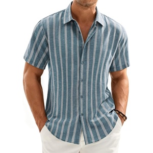 Mens Linen Shirt Striped Short Sleeve Button Down Summer Beach Shirt(Blue)