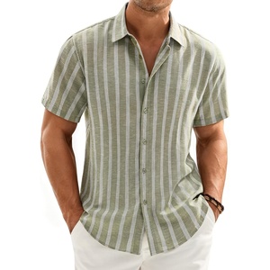 Mens Linen Shirt Striped Short Sleeve Button Down Summer Beach Shirt(Green)