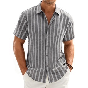 Mens Linen Shirt Striped Short Sleeve Button Down Summer Beach Shirt(Grey)