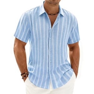 Mens Linen Shirt Striped Short Sleeve Button Down Summer Beach Shirt(Light Blue)