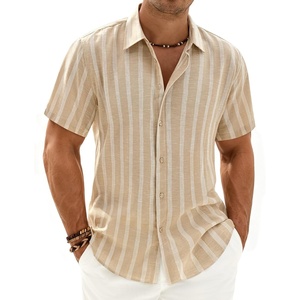 Mens Linen Shirt Striped Short Sleeve Button Down Summer Beach Shirt(Tan)