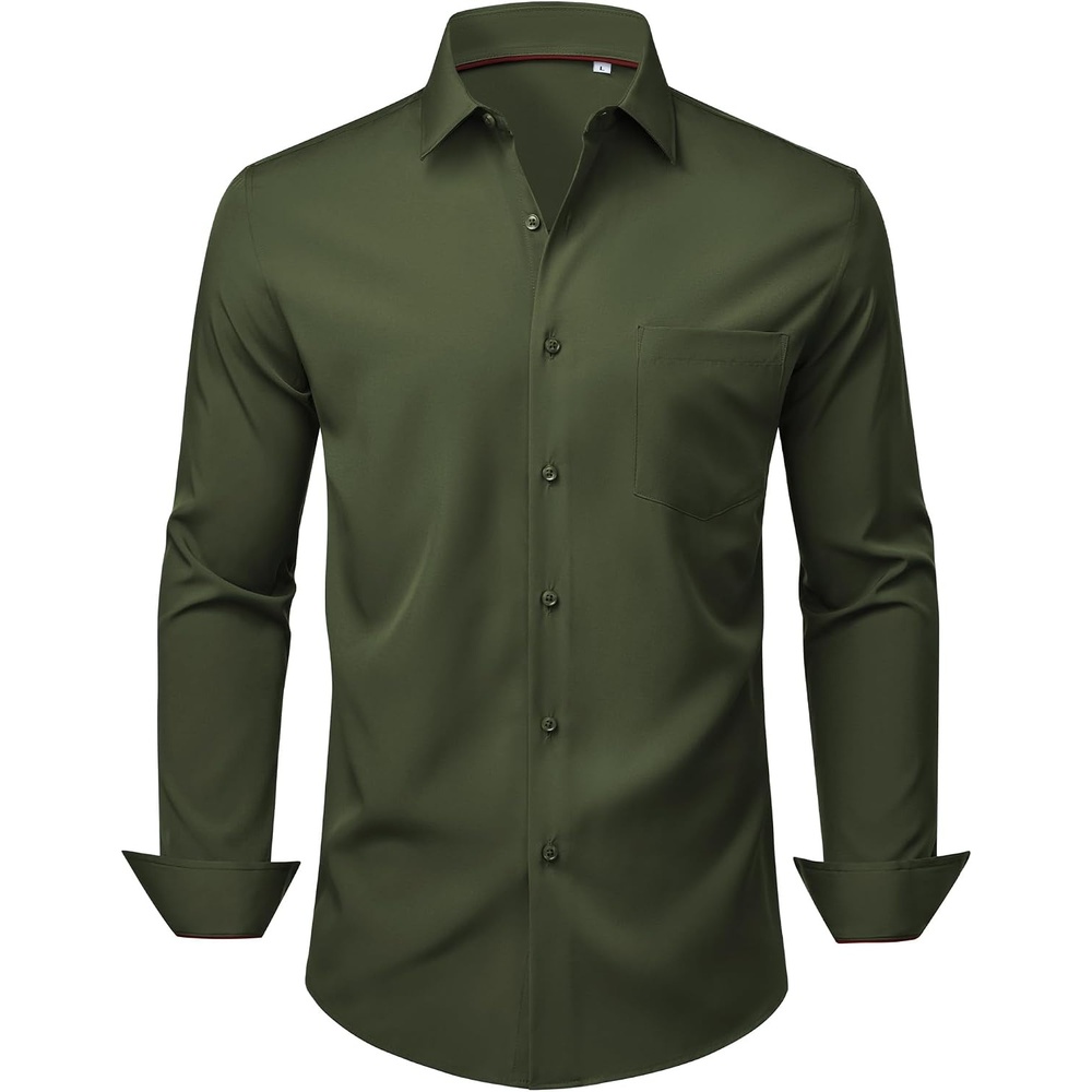 image:imageMens Dress Shirts Stretch Long Sleeve Wrinkle Free Work Button Down ShirtArmy Green