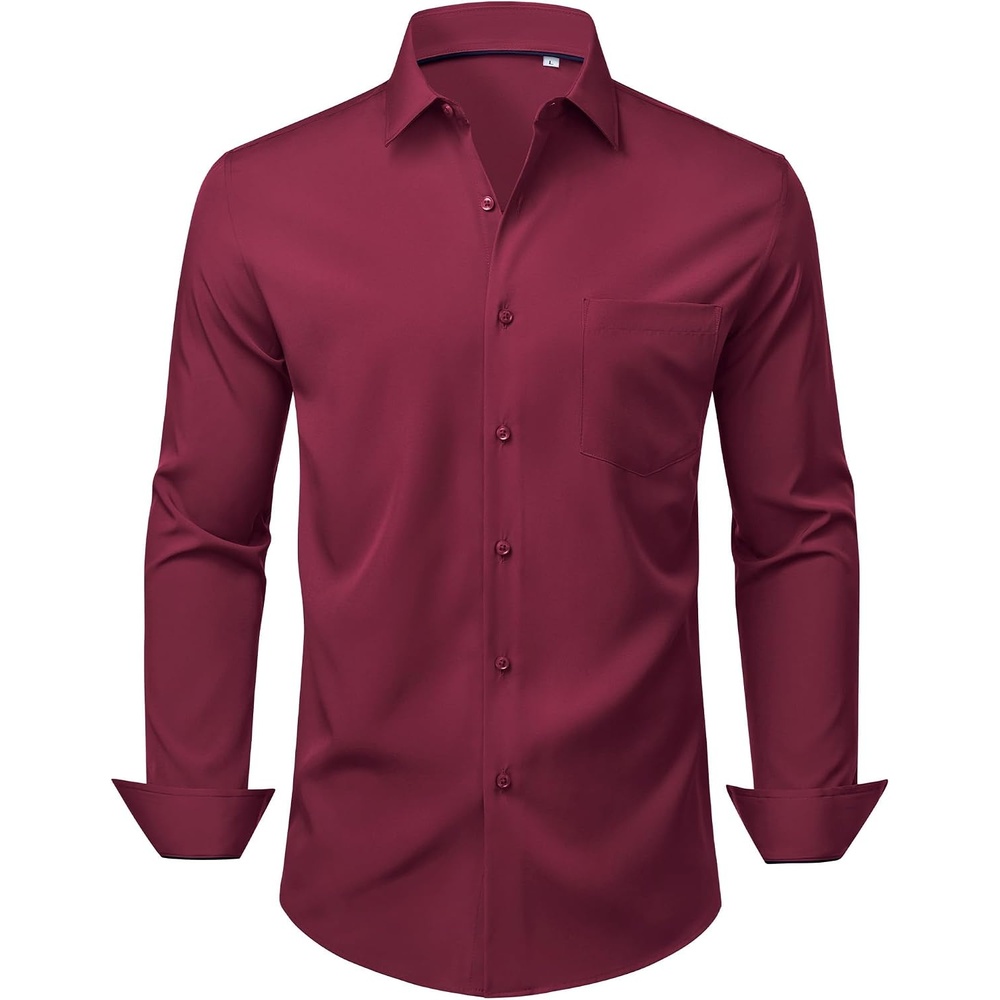 image:imageMens Dress Shirts Stretch Long Sleeve Wrinkle Free Work Button Down ShirtBurgundy