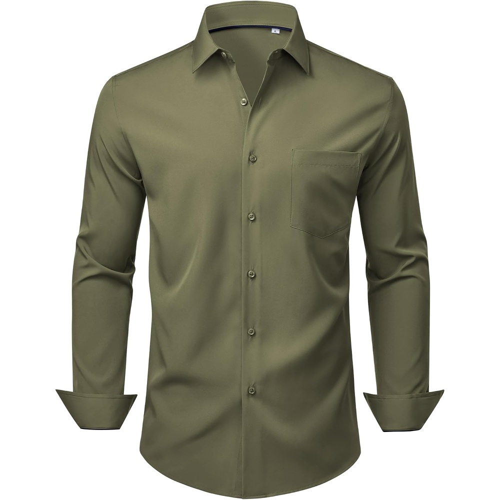 image:imageMens Dress Shirts Stretch Long Sleeve Wrinkle Free Work Button Down ShirtOlive Green