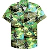 Mens Hawaiian Shirt Summer Beach Casual Short Sleeve Button Down Shirts(Green Beach)