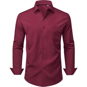 Mens Dress Shirts Stretch Long Sleeve Wrinkle Free Work Button Down Shirt(Burgundy)