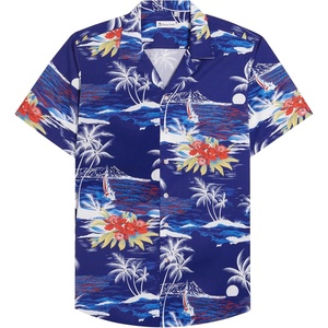 Mens Hawaiian Shirt Summer Beach Casual Short Sleeve Button Down Shirts(Bright Blue Beach)