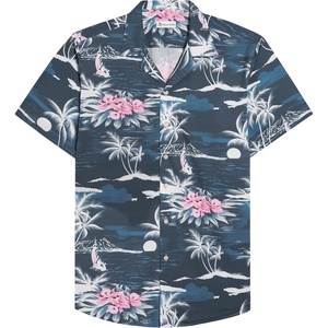 Mens Hawaiian Shirt Summer Beach Casual Short Sleeve Button Down Shirts(Dark Blue Beach)