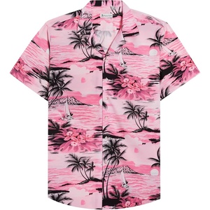 Mens Hawaiian Shirt Summer Beach Casual Short Sleeve Button Down Shirts(Pink Beach)