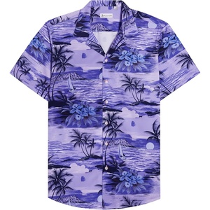 Mens Hawaiian Shirt Summer Beach Casual Short Sleeve Button Down Shirts(Purple Beach)