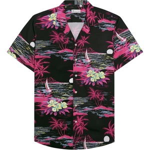 Mens Hawaiian Shirt Summer Beach Casual Short Sleeve Button Down Shirts(Rosy Black Beach)