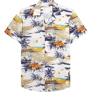 Mens Hawaiian Shirt Summer Beach Casual Short Sleeve Button Down Shirts(White Yellow Beach)