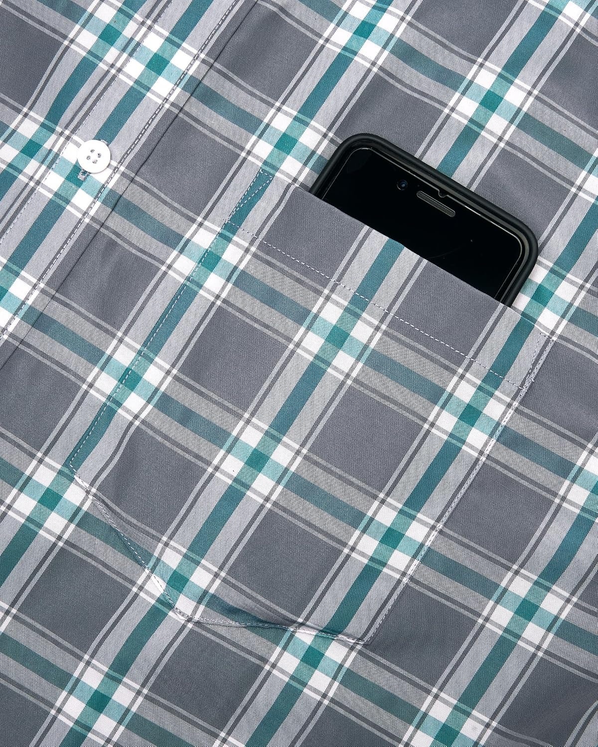 image:imageAlimens amp Gentle Plaid Mens Short Sleeve Button Down Shirts with PocketGrey Green Plaid