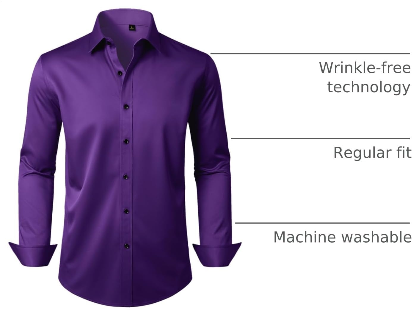 image:imageMens Dress Shirt Long Sleeve Wrinkle Free Stretch Button Down ShirtsPurple