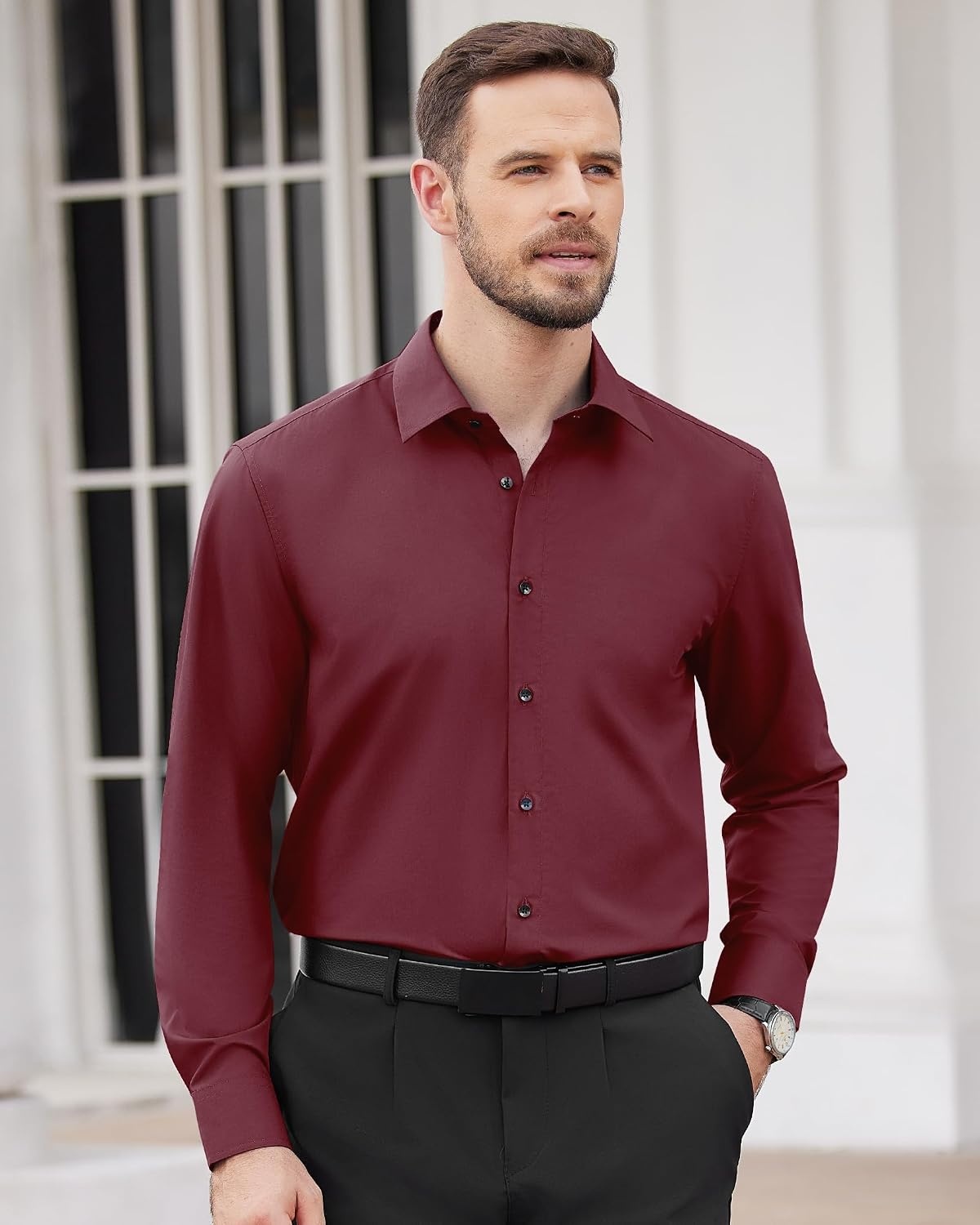 image:imageMens Dress Shirts Long Sleeve Wrinkle Free Business Button Down ShirtDark Red