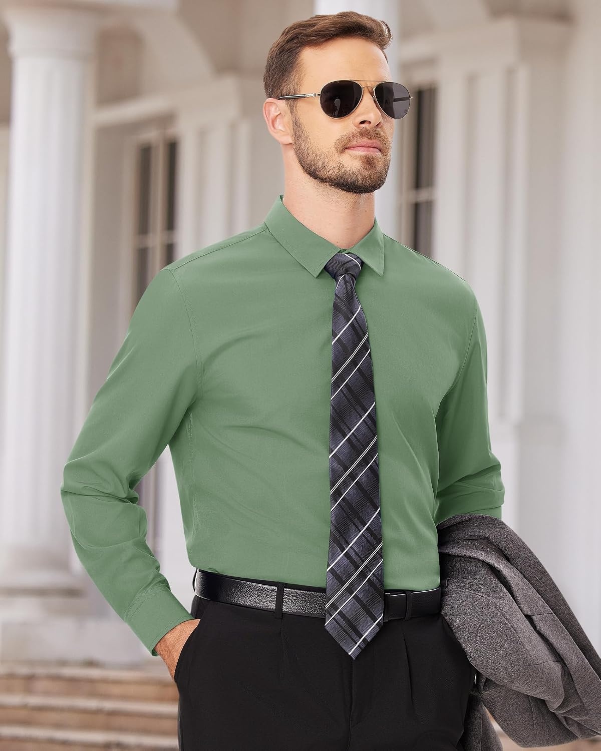 image:imageMens Dress Shirts Long Sleeve Wrinkle Free Business Button Down ShirtGrayish Green