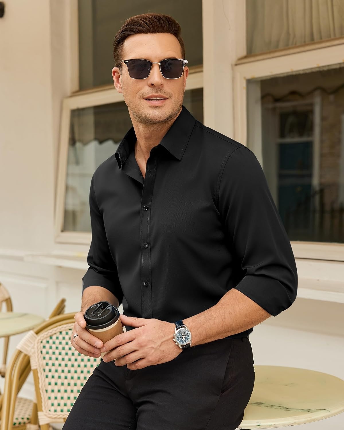 image:imageMens Dress Shirts Odor Resistant Long Sleeve Button Down Shirt StretchyBlack
