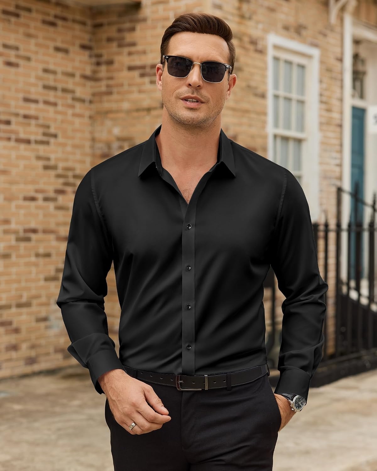 image:imageMens Dress Shirts Odor Resistant Long Sleeve Button Down Shirt StretchyBlack