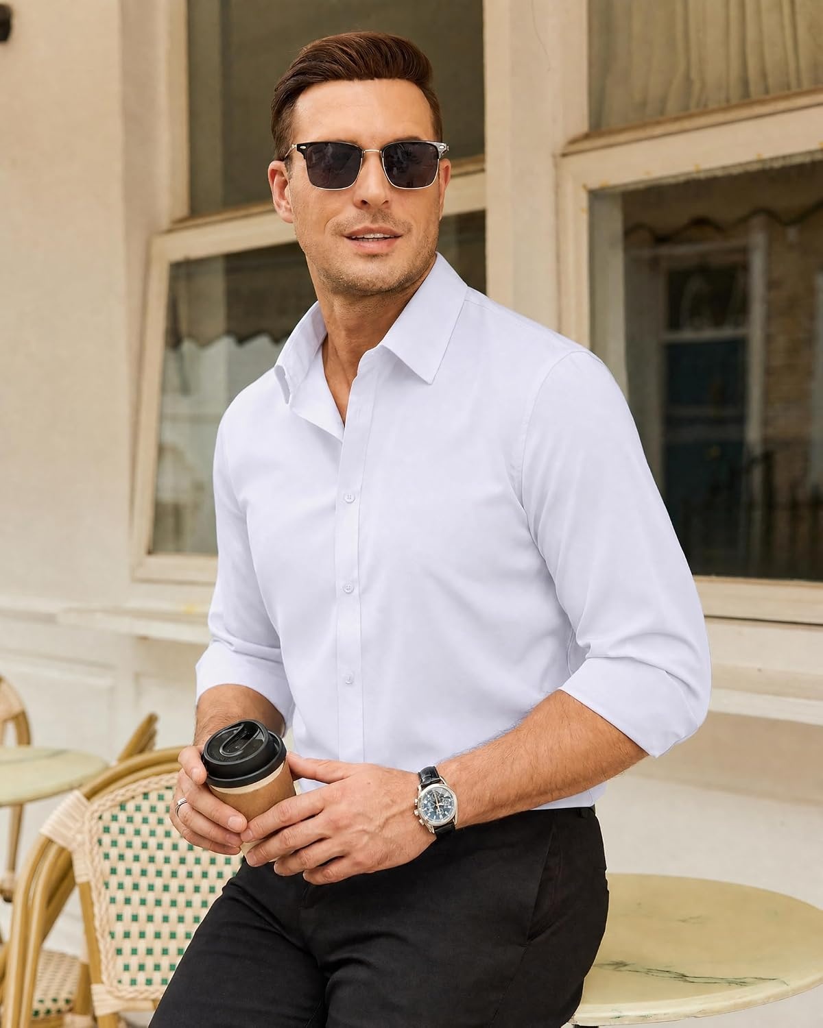 image:imageMens Dress Shirts Odor Resistant Long Sleeve Button Down Shirt StretchyClassic White