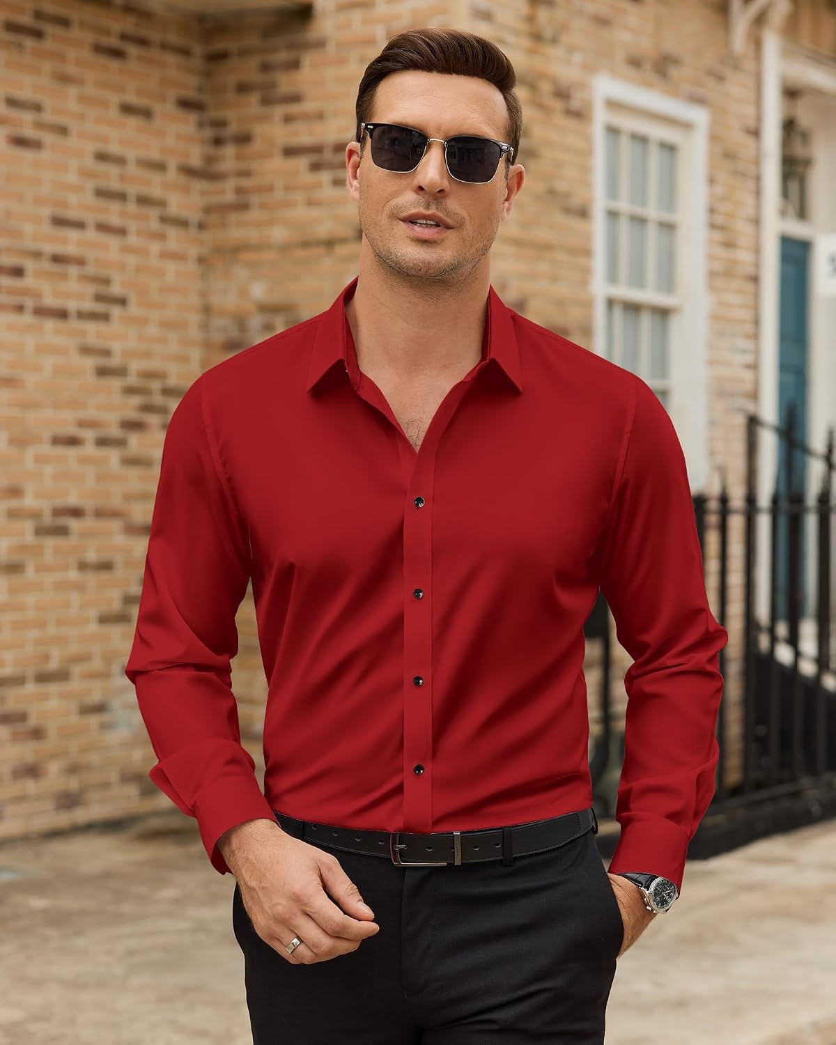 image:imageMens Dress Shirts Odor Resistant Long Sleeve Button Down Shirt StretchyRed