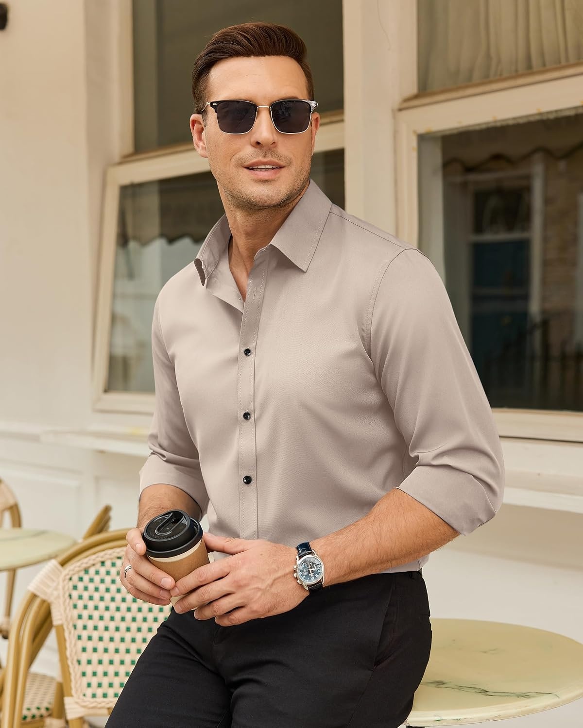 image:imageMens Dress Shirts Odor Resistant Long Sleeve Button Down Shirt StretchyTan