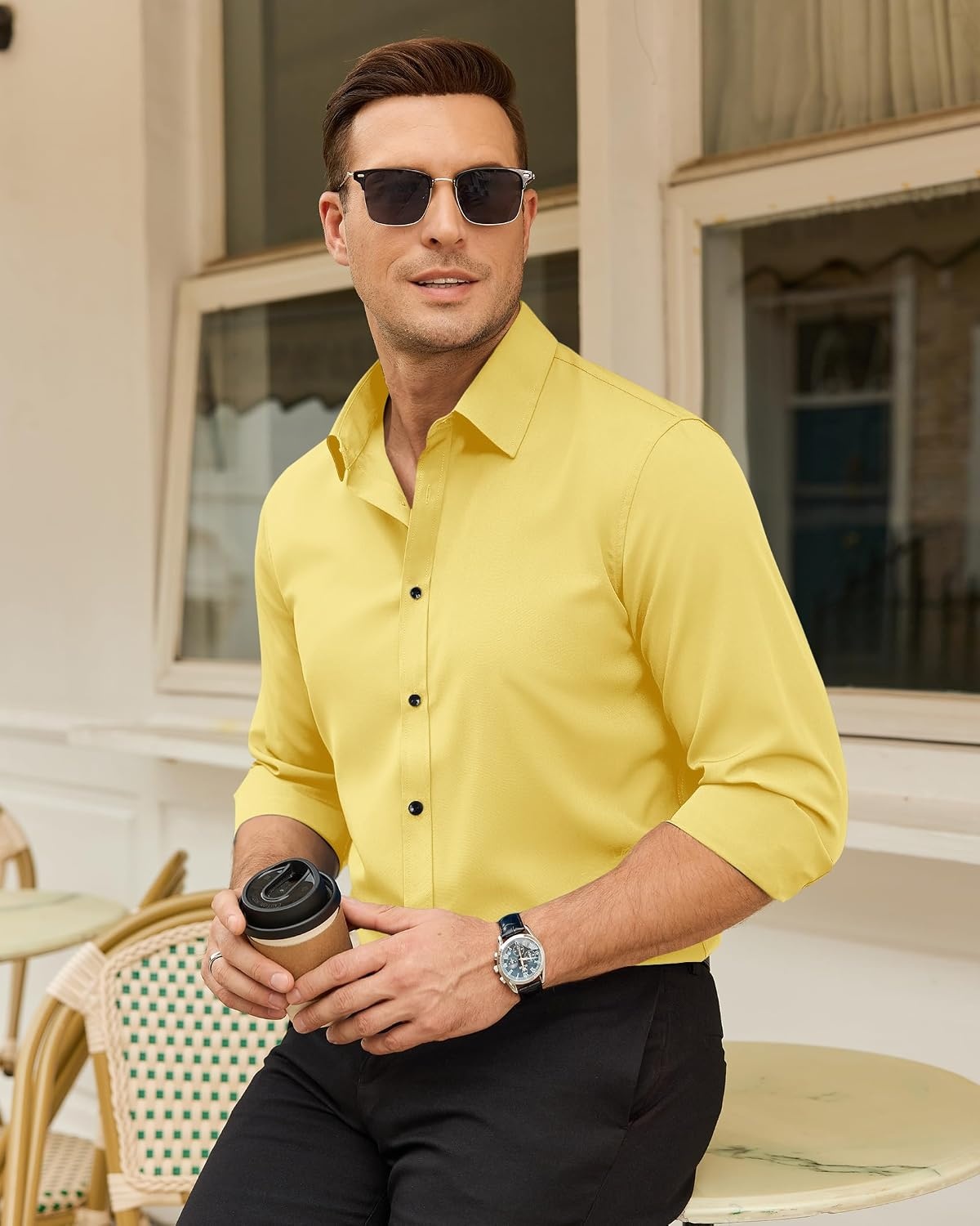 image:imageMens Dress Shirts Odor Resistant Long Sleeve Button Down Shirt StretchyYellow