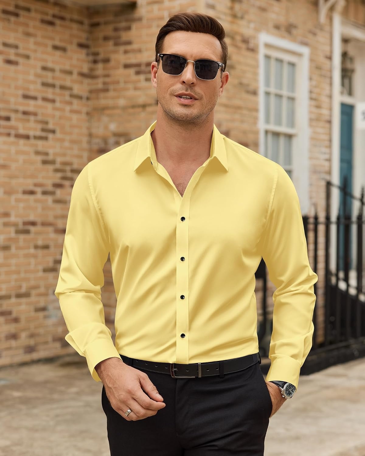 image:imageMens Dress Shirts Odor Resistant Long Sleeve Button Down Shirt StretchyYellow