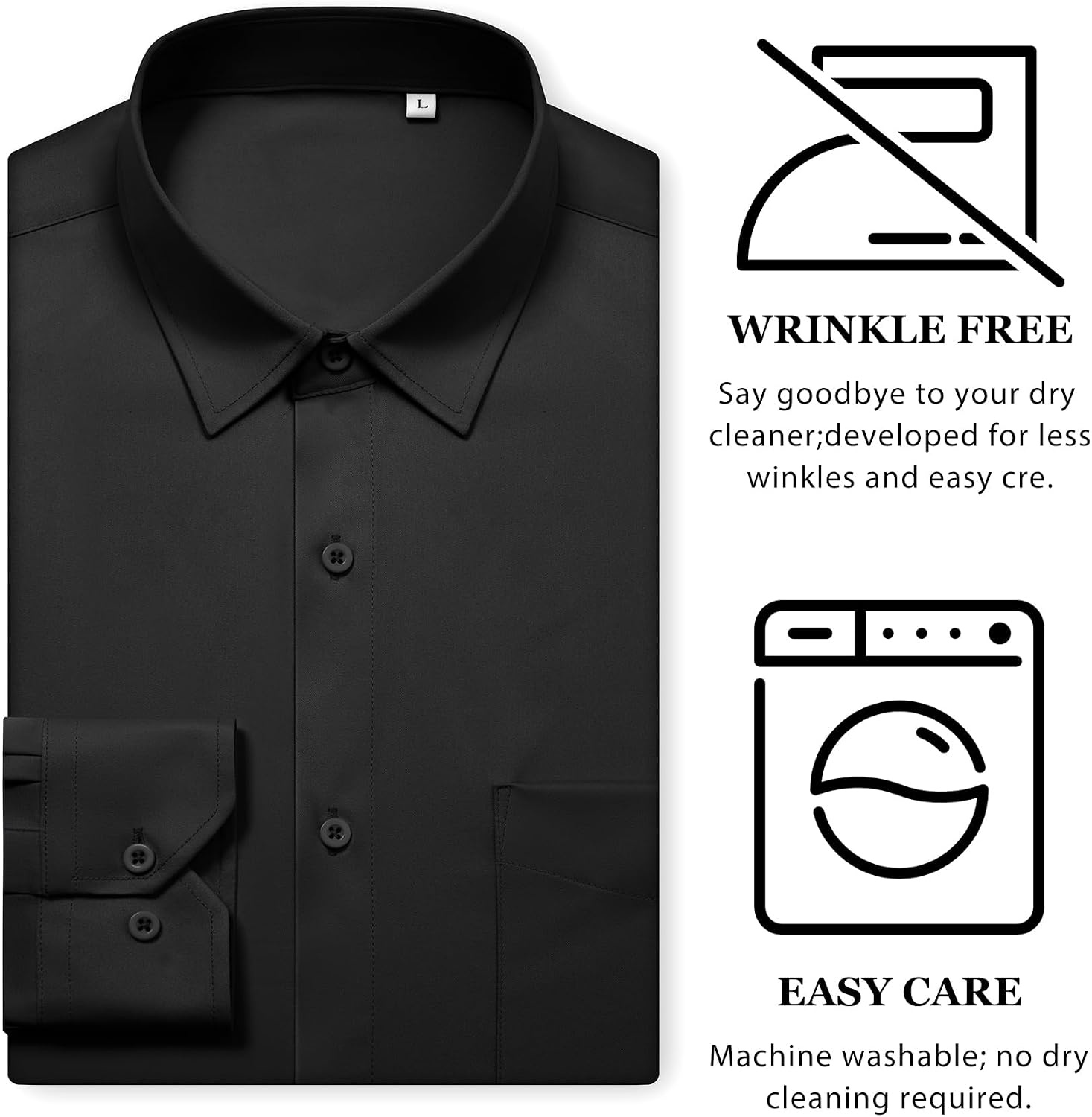 image:imageMens Dress Shirts Wrinkle Free Stretch Long Sleeve Shirt Business CasualBlack