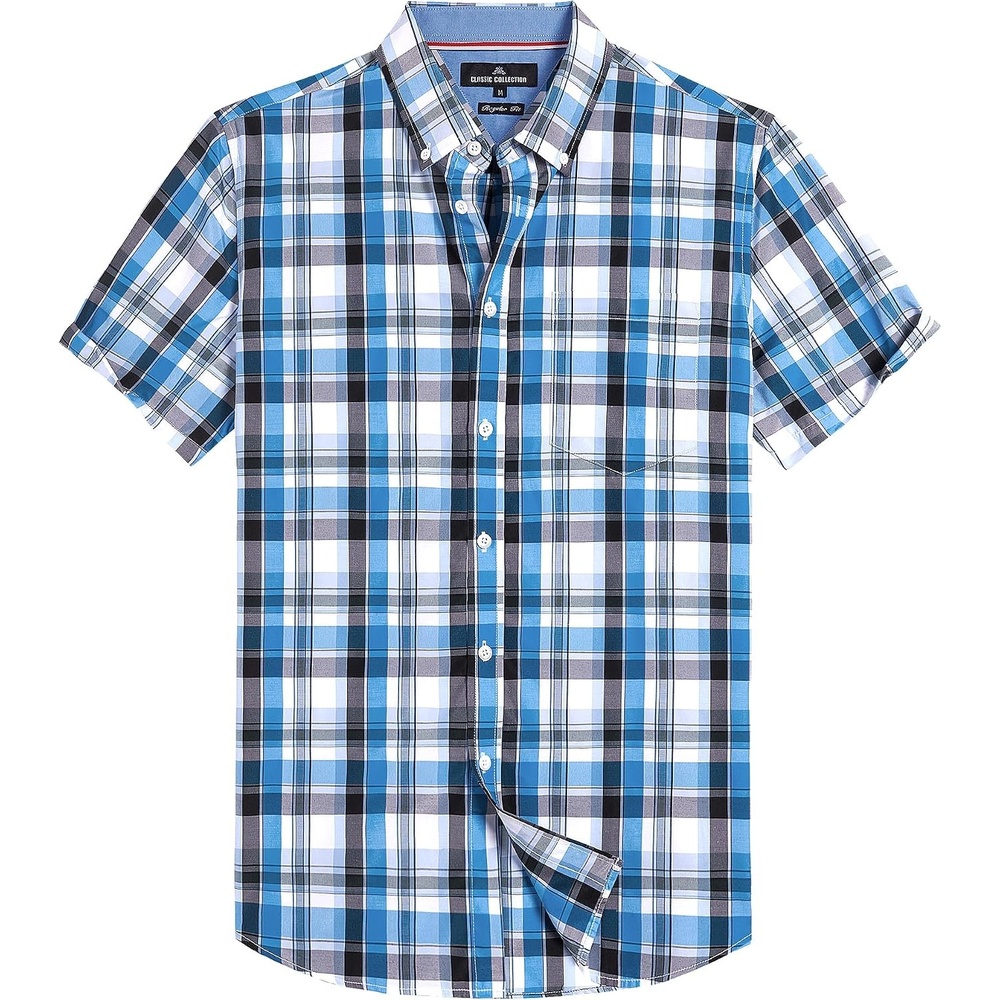image:imageAlimens amp Gentle Plaid Mens Short Sleeve Button Down Shirts with PocketBlack Blue Plaid