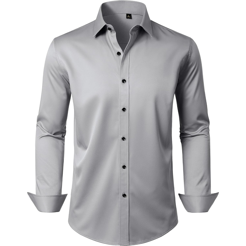 image:imageMens Dress Shirt Long Sleeve Wrinkle Free Stretch Button Down ShirtsGrey