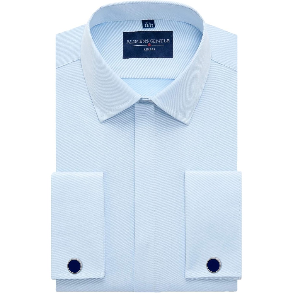image:imageMens Dress Shirts French Cuff Regular Fit Formal Tuxedo Cufflinks ShirtTwilled Blue