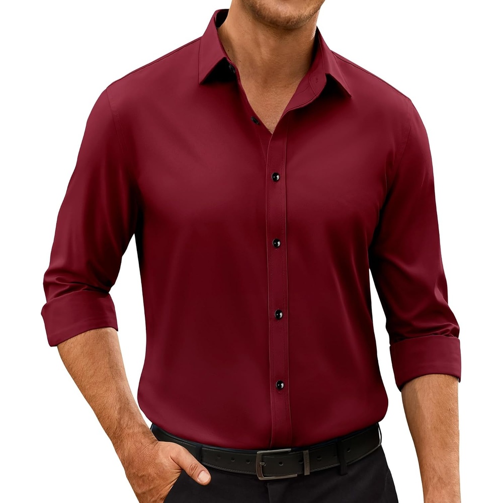 image:imageMens Dress Shirts Odor Resistant Long Sleeve Button Down Shirt StretchyBurgundy