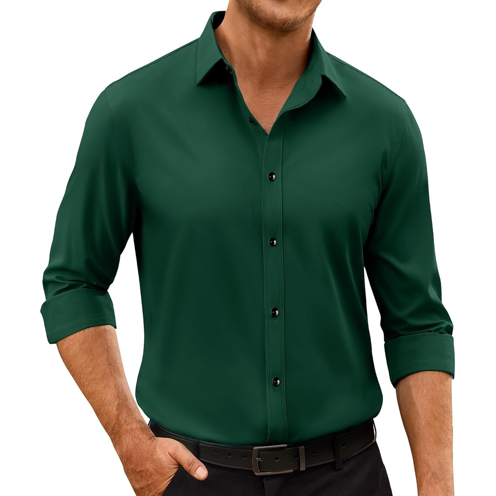 image:imageMens Dress Shirts Odor Resistant Long Sleeve Button Down Shirt StretchyDark Green