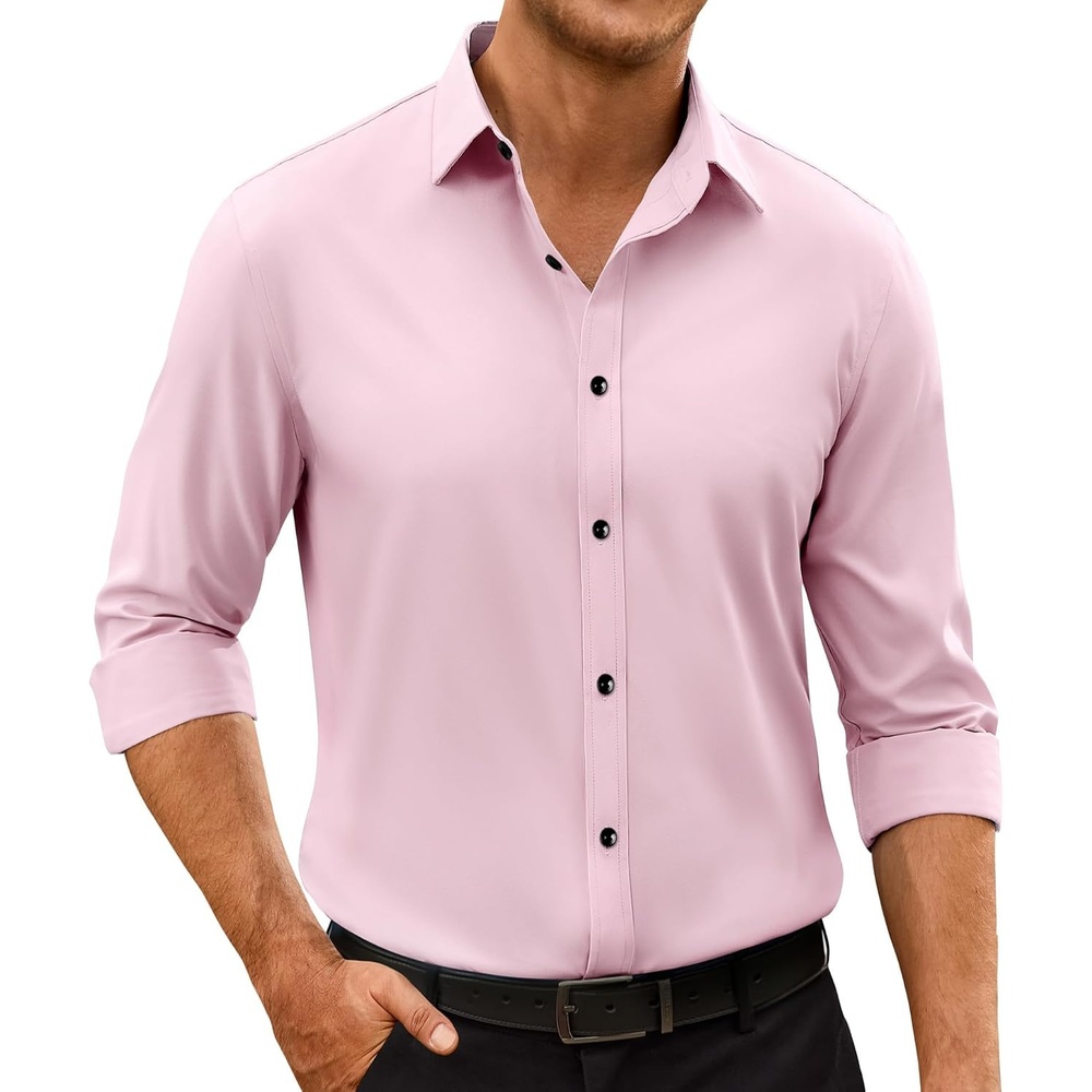image:imageMens Dress Shirts Odor Resistant Long Sleeve Button Down Shirt StretchyLight Pink